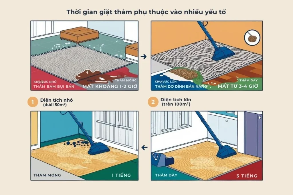 Thời gian giặt thảm phụ thuộc vào nhiều yếu tố