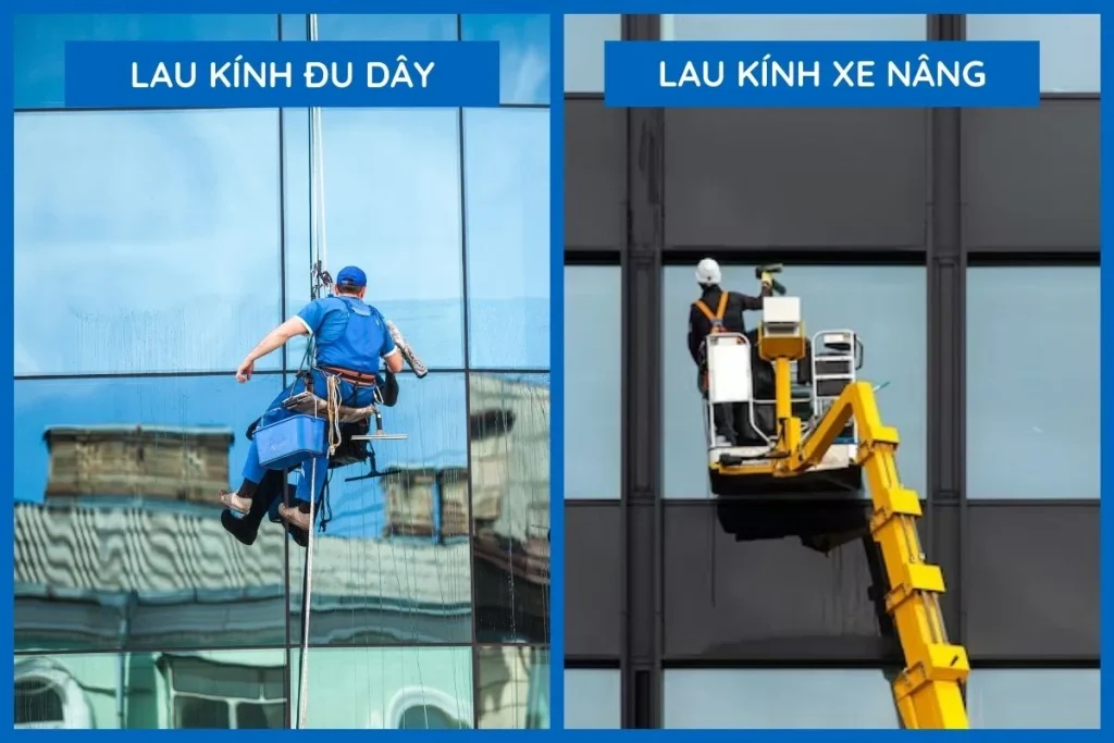 Hình ảnh mô tả sự khác biệt giữa phương pháp lau kính mặt tiền bằng đu dây và xe nâng, giúp lựa chọn giải pháp vệ sinh hiệu quả.