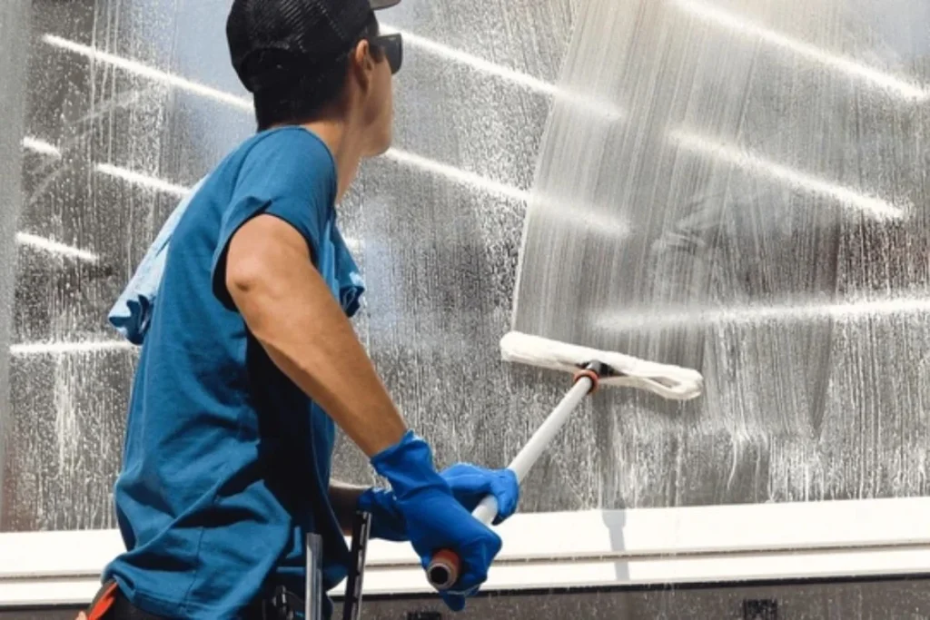 Vệ sinh kính mặt tiền tòa nhà cao tầng, trung tâm thương mại, giúp loại bỏ bụi bẩn, vết ố, mang lại vẻ ngoài sạch sẽ, chuyên nghiệp.