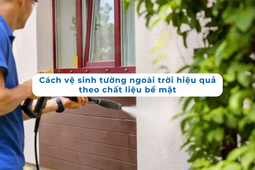 Hình ảnh hướng dẫn vệ sinh tường ngoài trời theo chất liệu bề mặt, giúp loại bỏ bụi bẩn, rêu mốc và bảo vệ công trình.